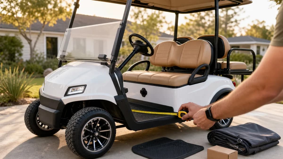 Owner measuring a white four-passenger golf cart before fitting a floor mat and weather cover