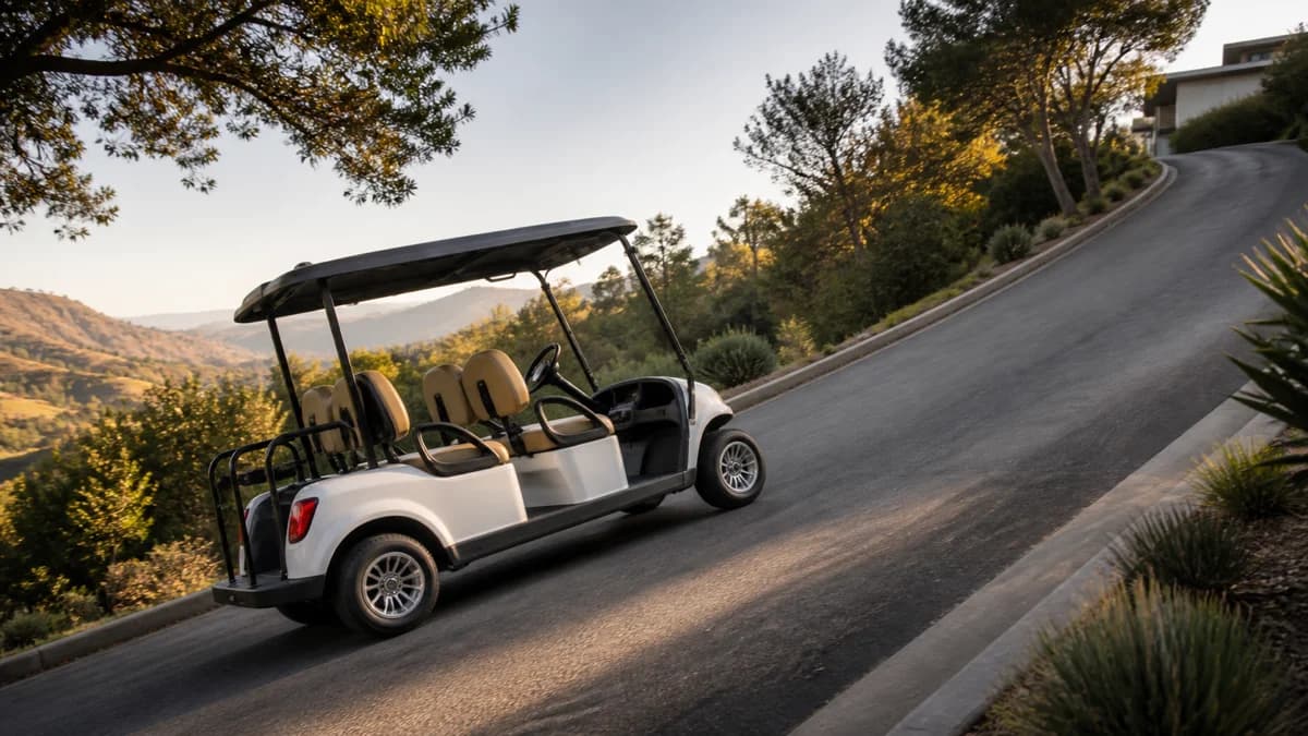 Four-passenger electric golf cart climbing a steep paved residential hill