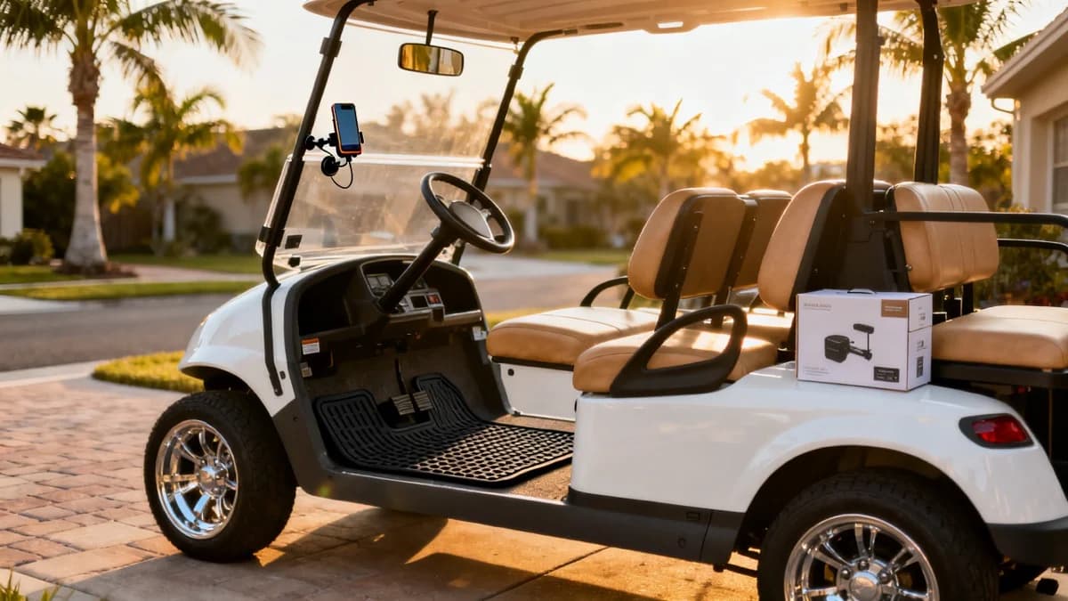 Evolution D5 golf cart accessories including floor mats, mirror, phone mount and seat cover upgrades
