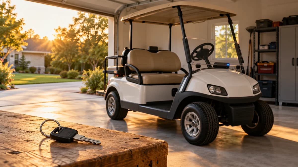 Parked white golf cart with a dashboard accessory indicator lit and its removed key on a garage workbench