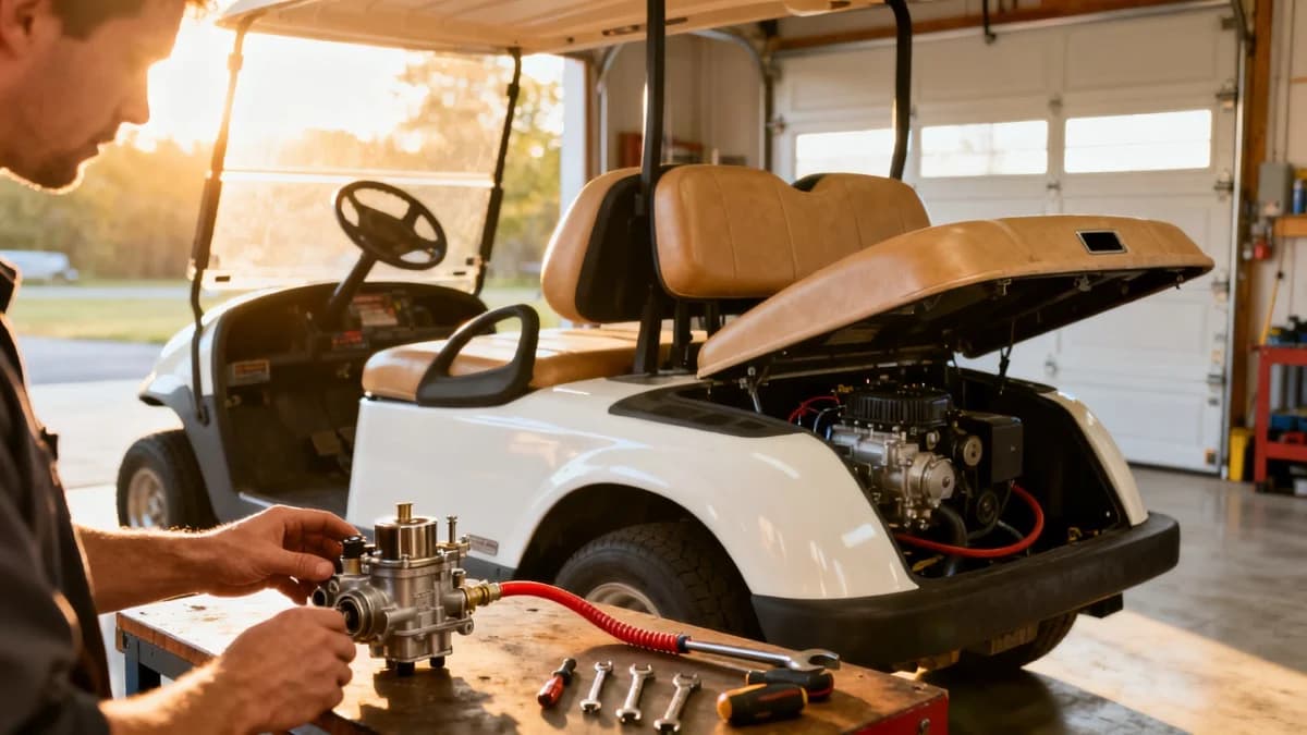Gas golf cart carburetor cleaning and rebuild inspection in a clean garage workshop