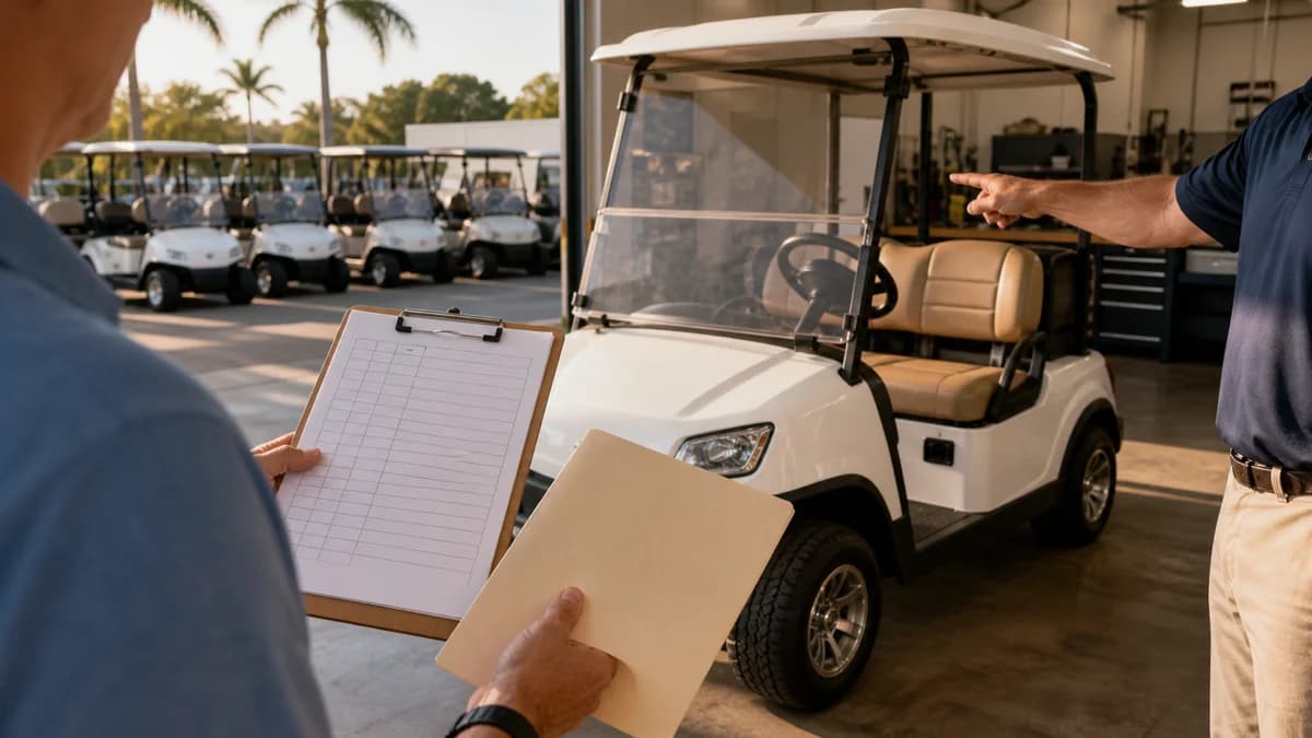 Golf cart buyer reviewing warranty and service paperwork with a dealer beside a row of carts