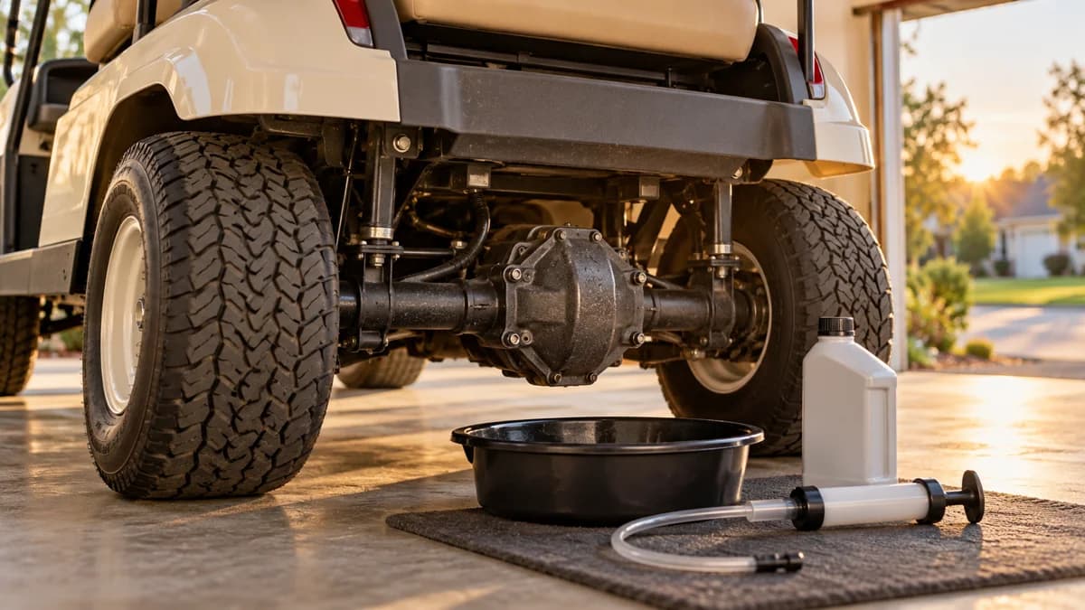 Golf cart rear axle and differential housing with a clean oil catch pan and fluid-transfer tools in a garage
