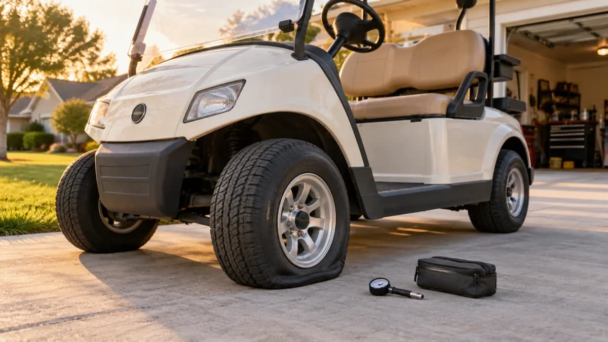 Cream golf cart parked on a driveway with a flat front tire and pressure gauge beside it