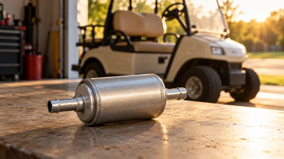 Generic golf cart fuel filter on a workshop bench with a cream cart and tan seats behind it