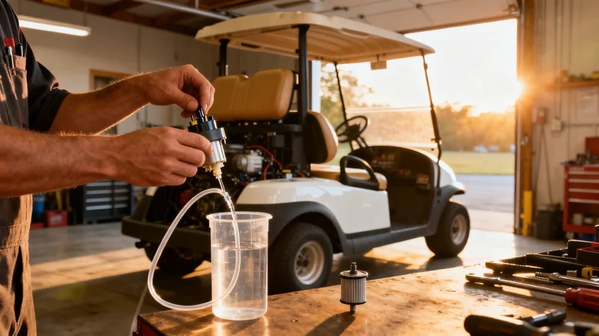 Gas golf cart fuel pump testing with clear fuel line in a clean garage workshop