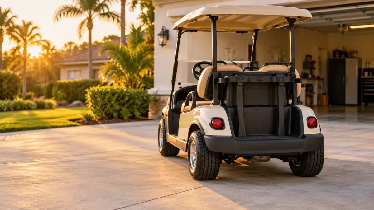 Rear view of a parked cream golf cart with a clear backing path on a driveway