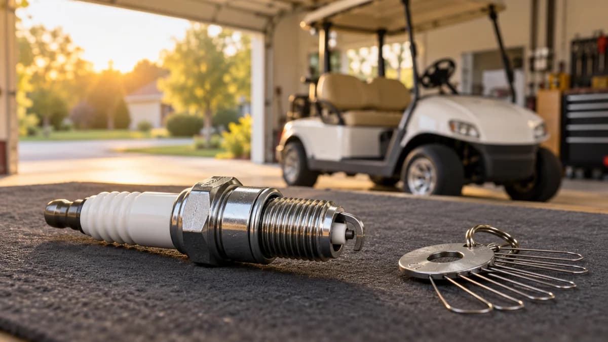 Golf cart spark plug and wire gap gauge on a workbench beside a parked white cart