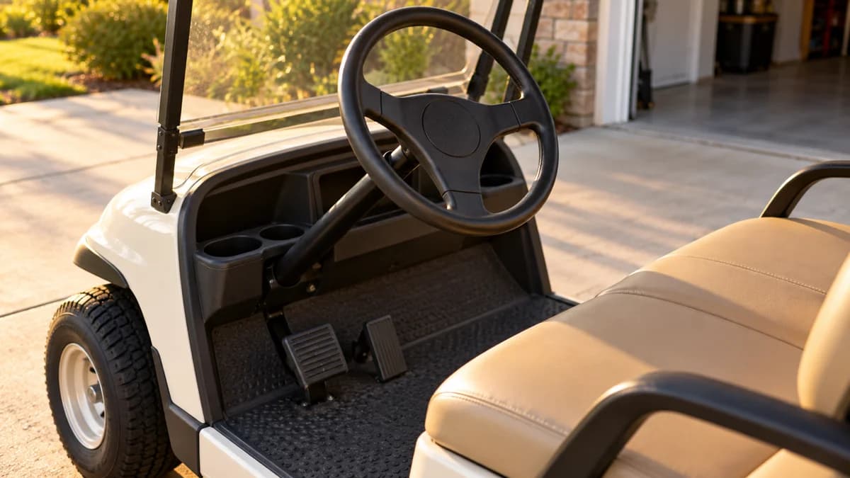 Black steering wheel and intact column in a parked cream golf cart with tan seats