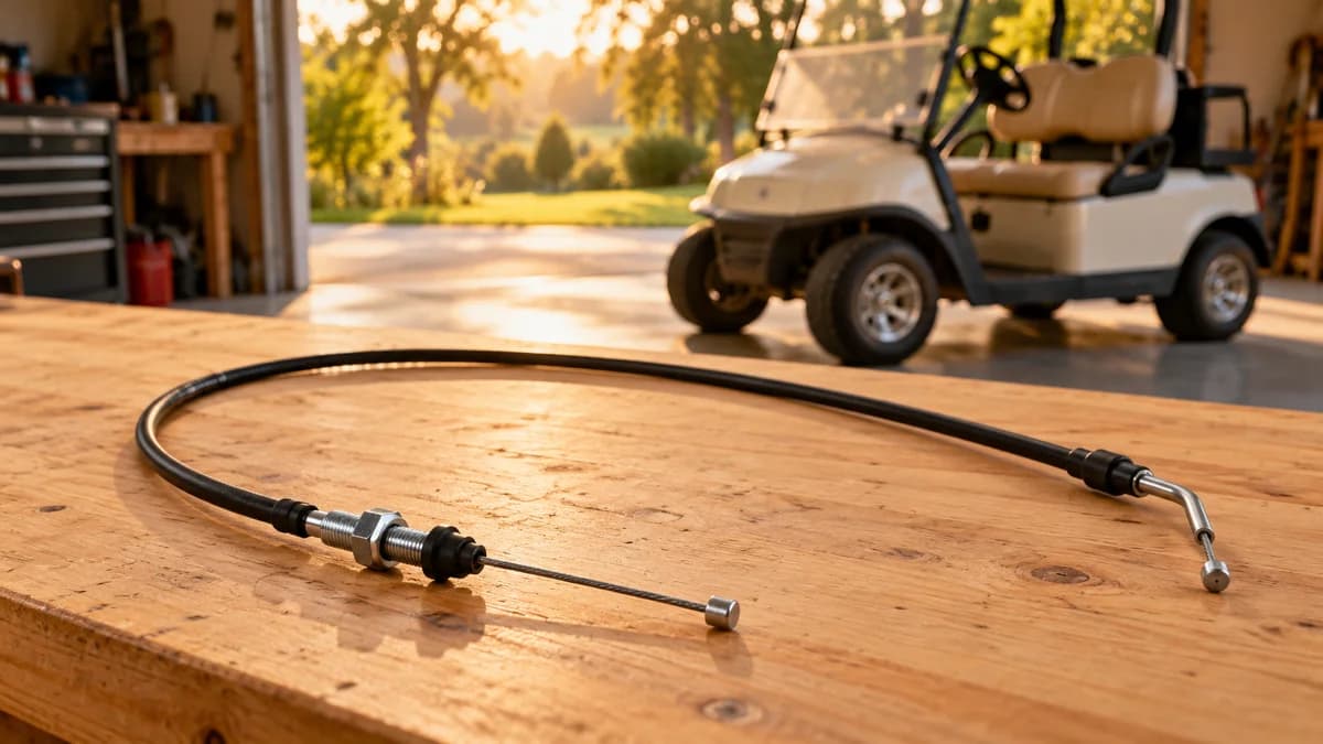Golf cart throttle cable illustration with a black control cable on a workshop bench and a cream cart behind it