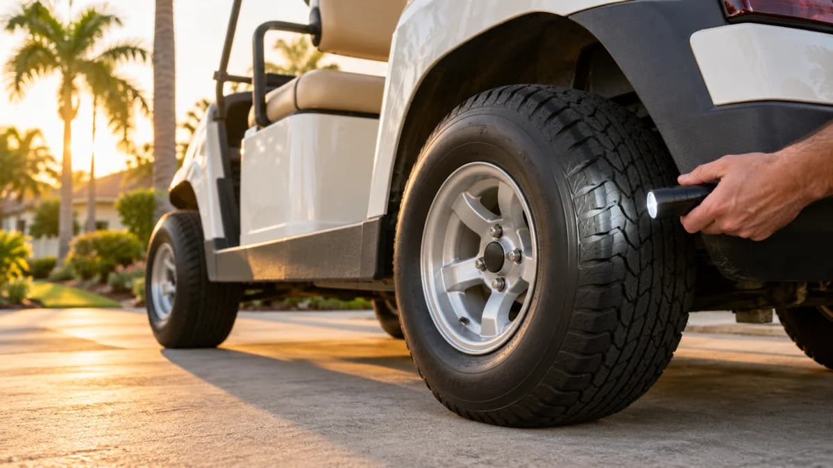 Hand holding an inspection light beside the installed rear tire of a cream golf cart on a driveway