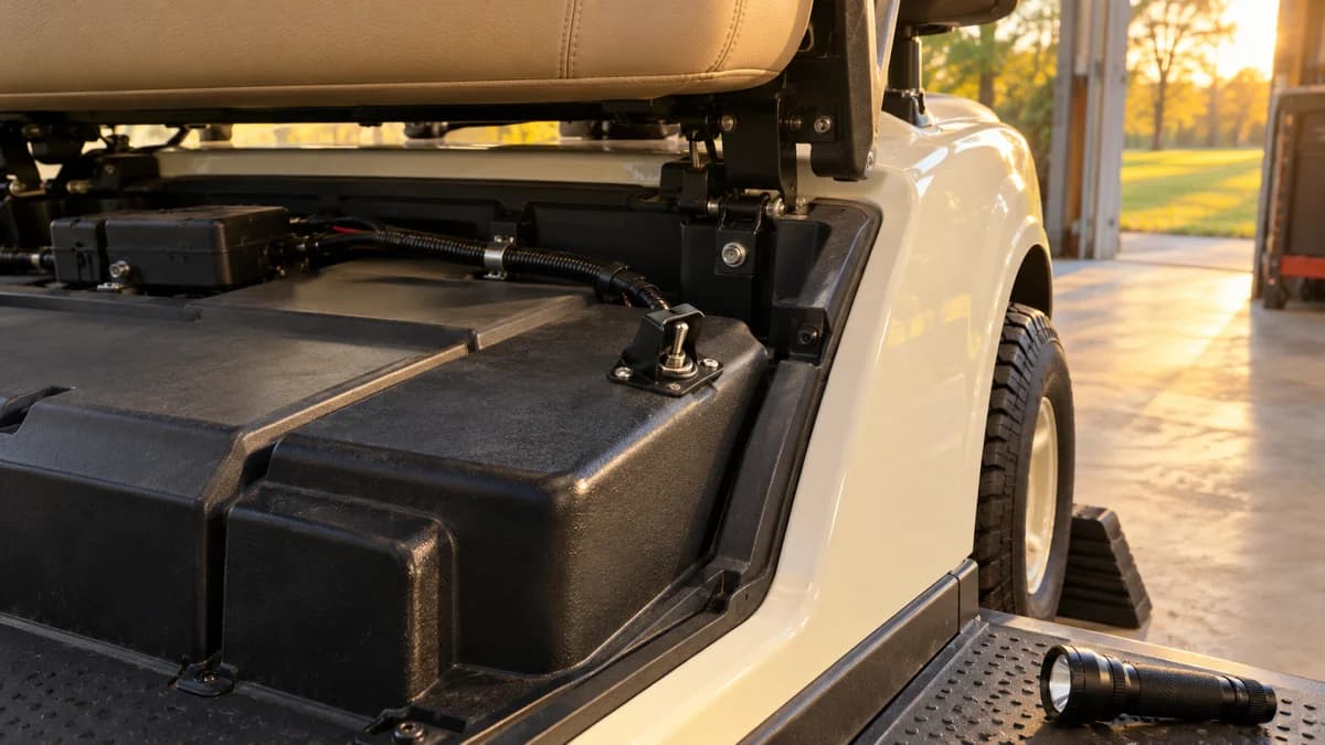 Golf cart tow/run switch illustration with a guarded toggle beside a raised tan seat and closed electrical covers