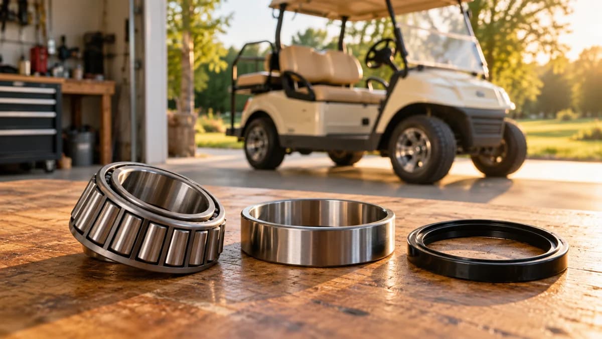 Golf cart wheel bearing, race and seal on a workshop bench with a cream cart behind them