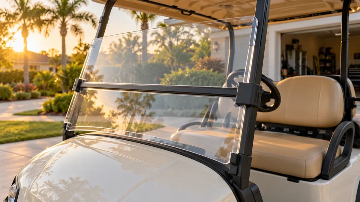 Folding windshield and side retaining hardware on a cream golf cart parked on a driveway
