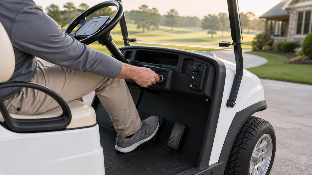Driver starting a white golf cart with one hand on the key and foot on the brake