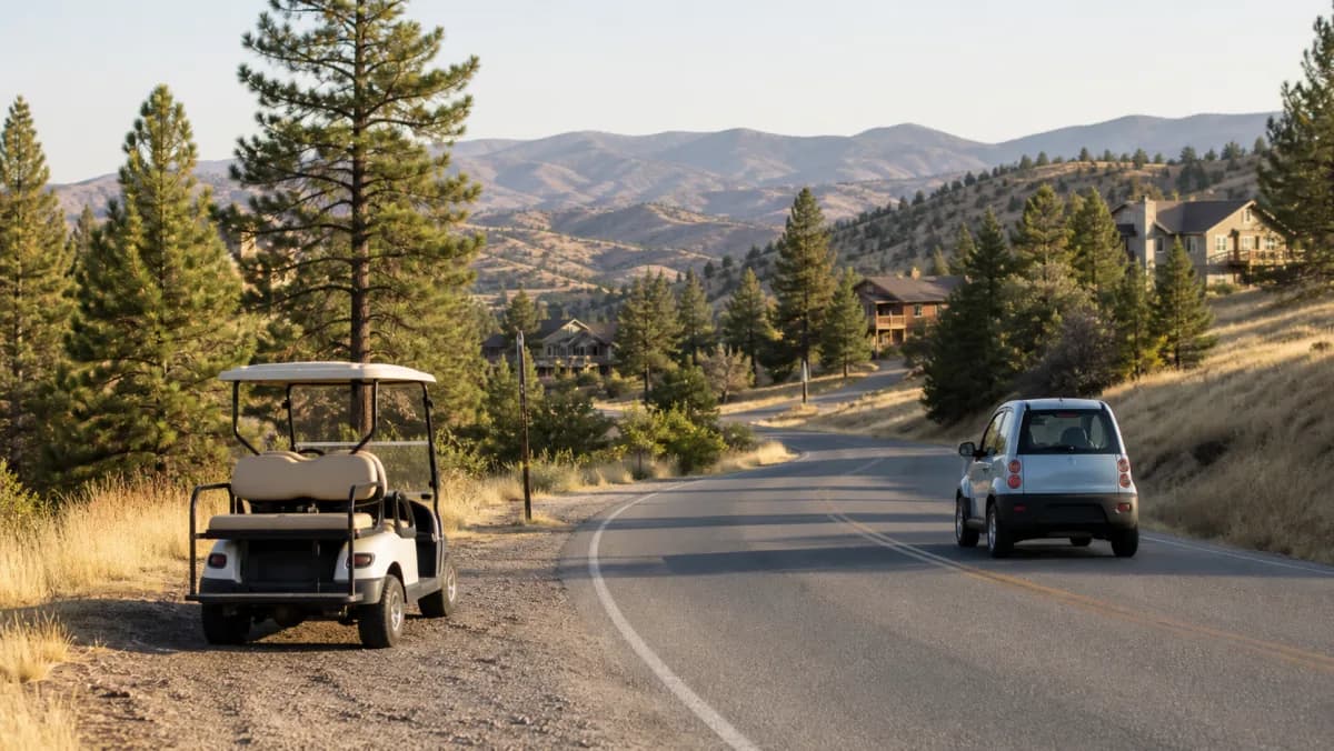 Golf cart near a Bear Valley Springs mountain road with a low-speed vehicle on the pavement