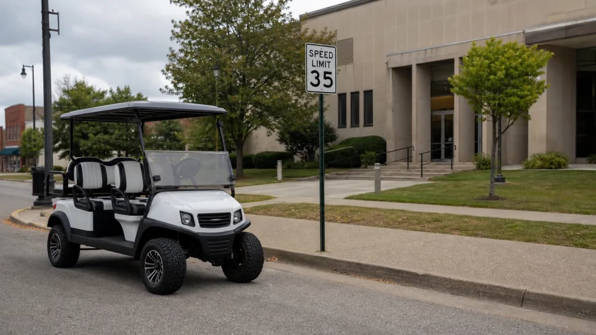 Golf cart stopped near a 35 mph sign outside a small-town municipal building
