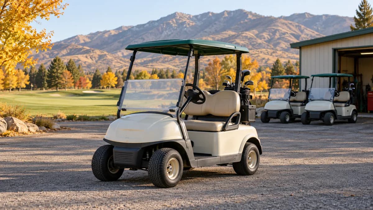 Cream two-seat golf cart with a green roof parked beside two other carts and a maintenance shed beneath autumn foothills