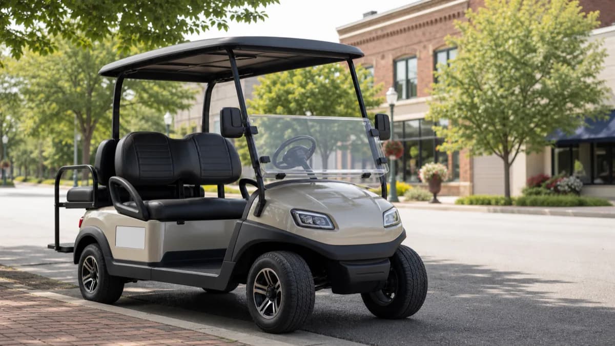 Illustration of a four-seat golf cart parked on a small Minnesota city street for Carver permit coverage