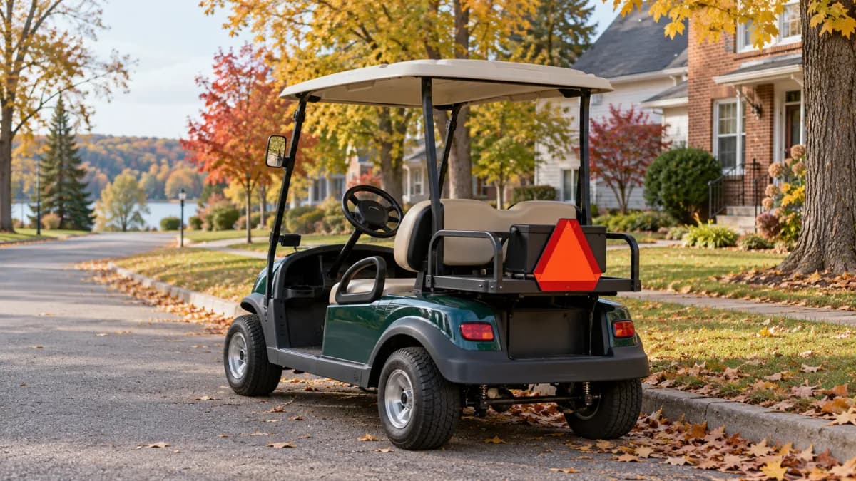 Dark green two-seat golf cart with a rear slow-moving-vehicle triangle parked on an autumn village street