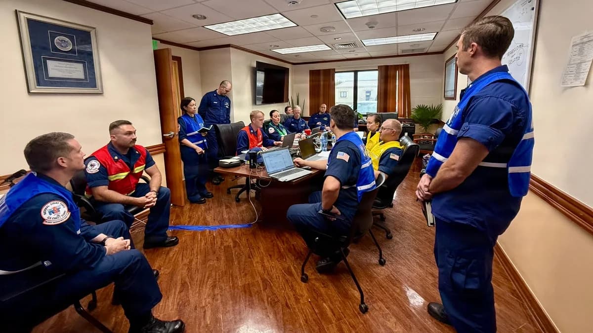 U.S. Coast Guard incident management team coordinating post-typhoon recovery operations at Sector Guam