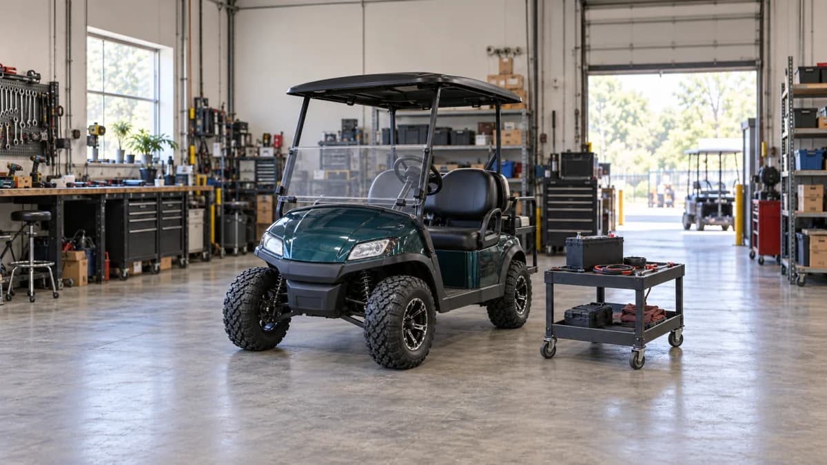Modified teal golf cart beside a lithium battery on a service trolley in a workshop