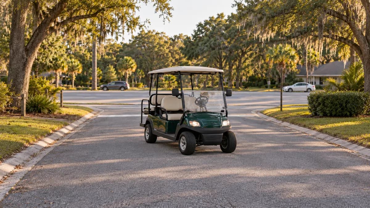 Green golf cart stopped on a Florida neighborhood street approaching a larger road