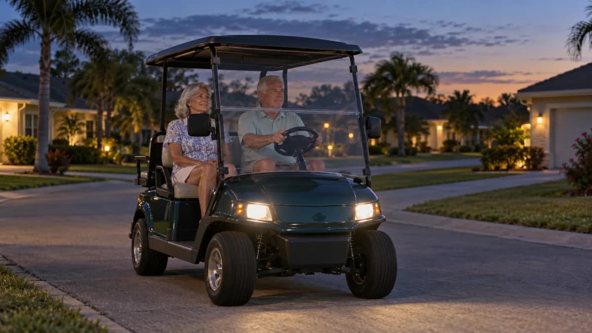 Two adults riding a golf cart with headlights on along a palm-lined residential street at dusk