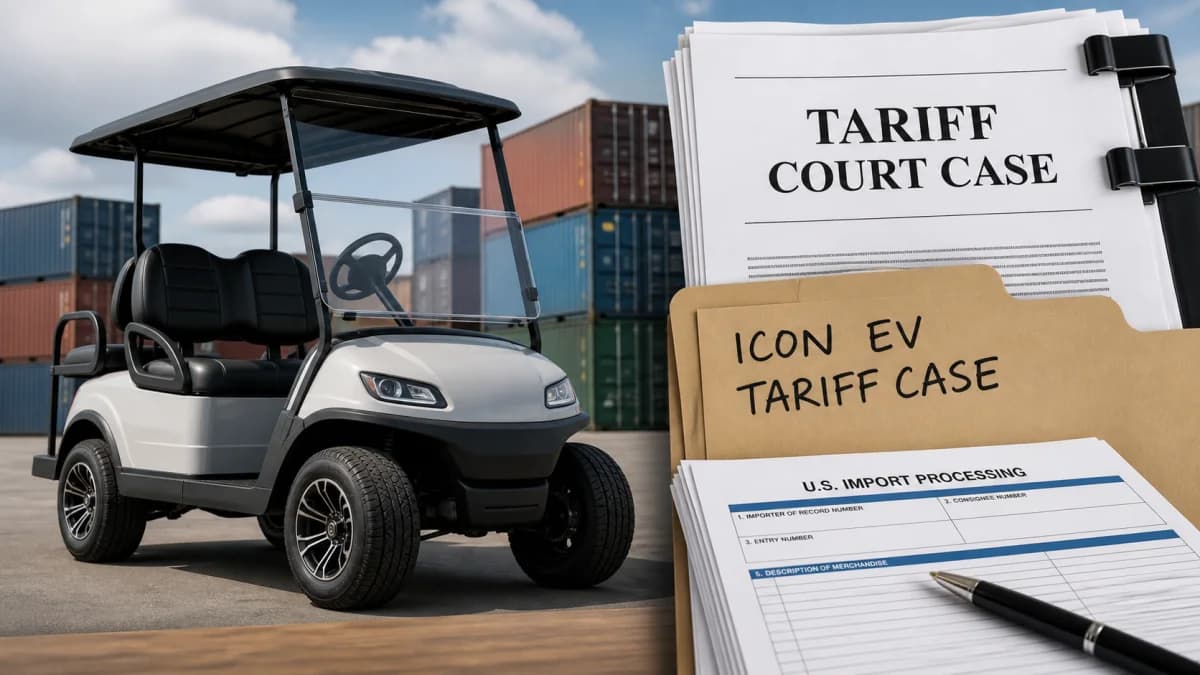 Editorial illustration of a generic electric golf cart beside tariff case papers and import documents