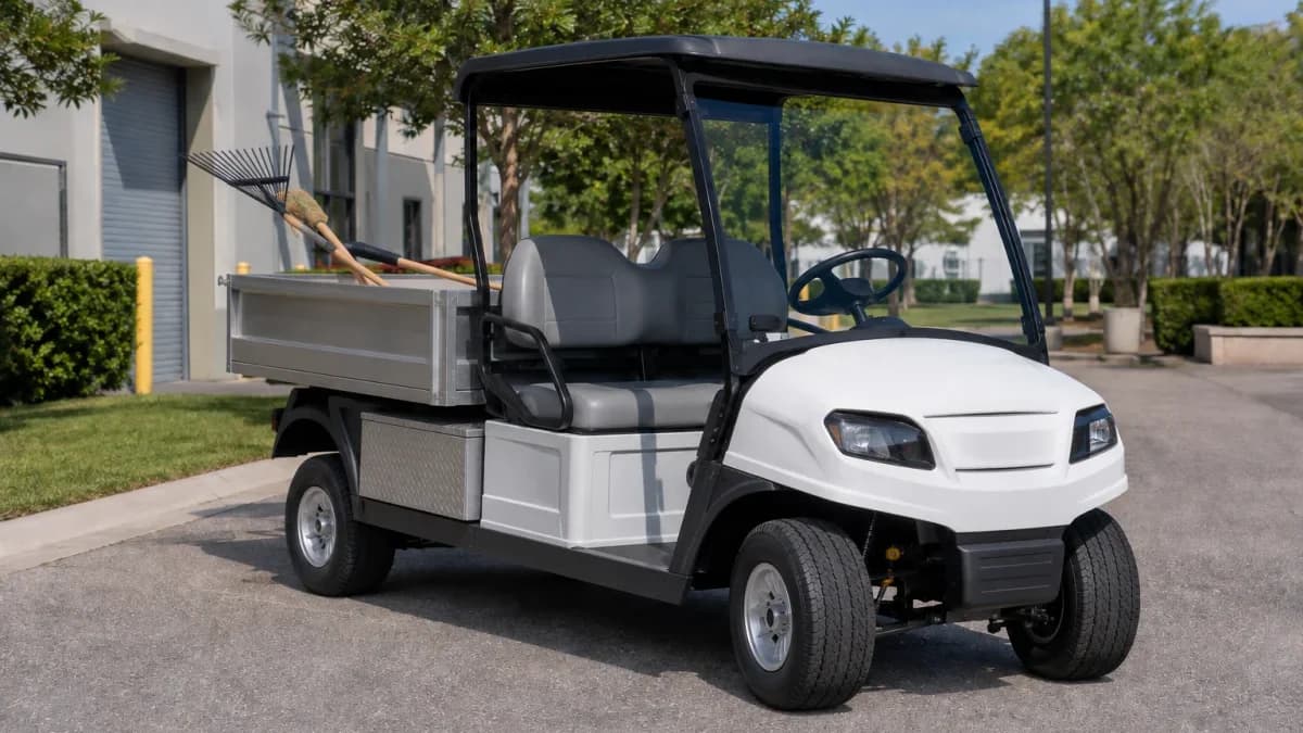 Unbranded white electric utility cart with an aluminum cargo bed and landscaping tools at a maintenance facility