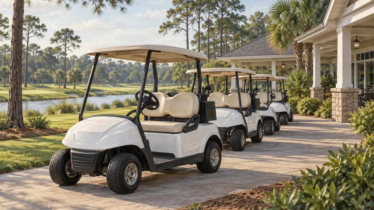 White two-seat golf carts parked outside a clubhouse beside a pine-lined Florida golf course