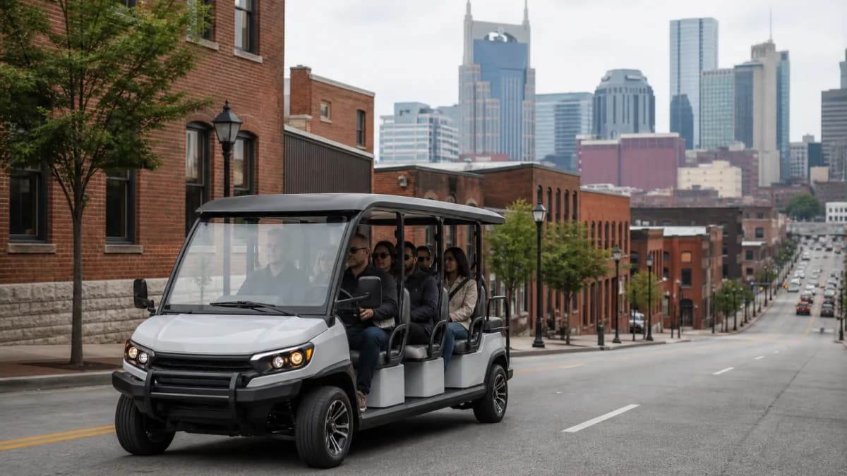 Six-passenger low-speed vehicle traveling on a downtown Nashville street