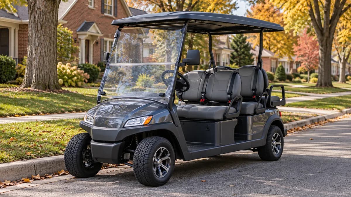 Charcoal golf cart with windshield and seat belts parked beside autumn trees on a neighborhood street