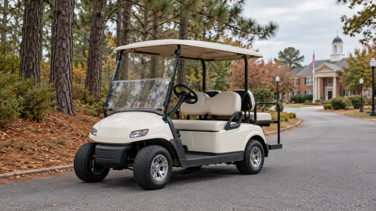 Ivory four-passenger golf cart parked beside pine trees with a brick municipal building in the background