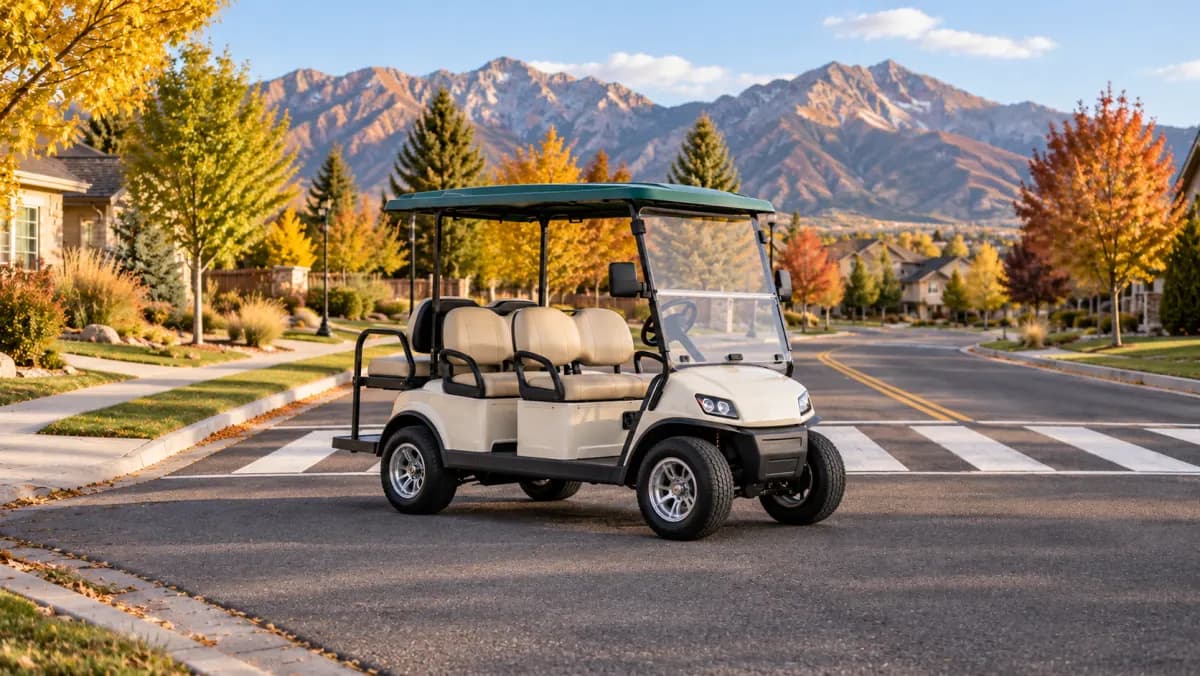 Cream golf cart parked on a neighborhood side street before a crosswalk, with autumn trees and Utah-style foothills behind it