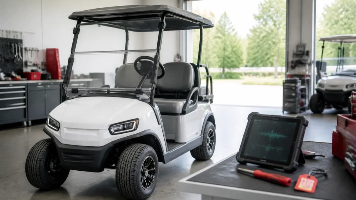 Electric golf cart in a service bay during a pedestrian-alert sound system inspection