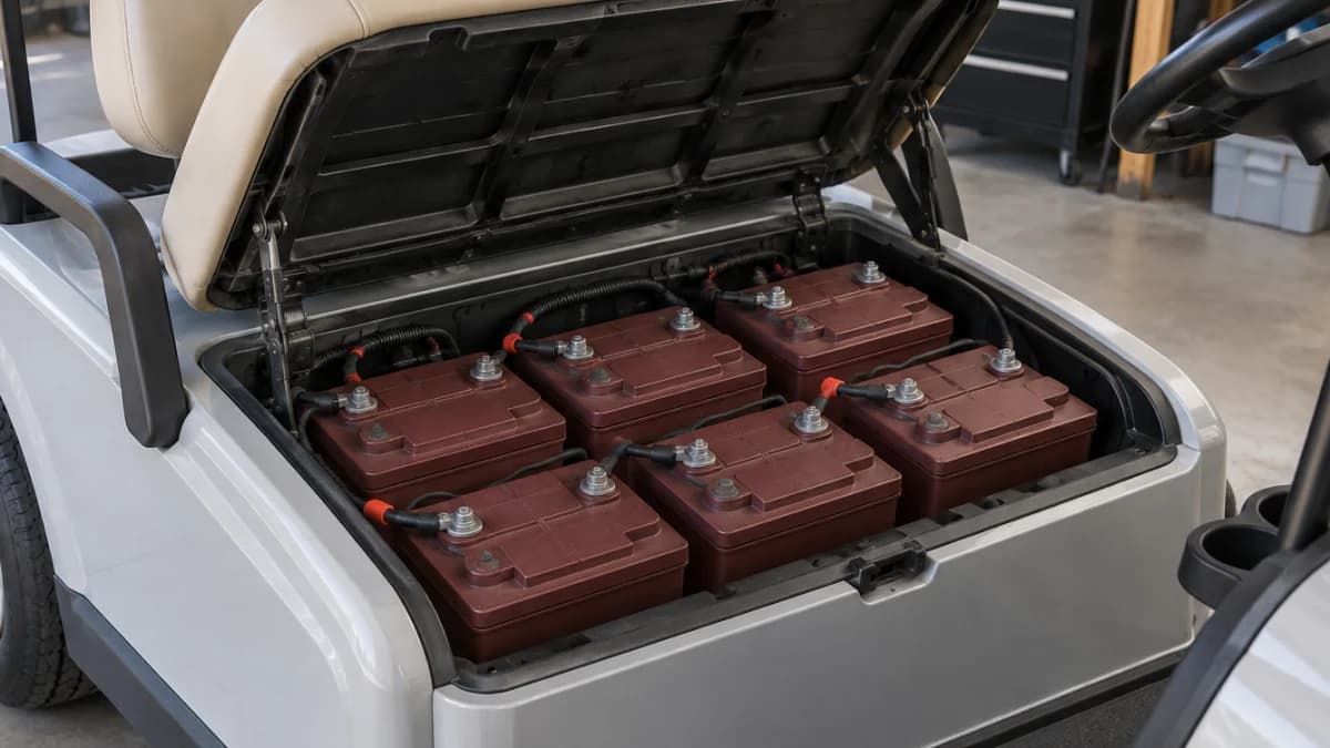 Six maroon lead-acid batteries beneath the raised bench seat of a gray electric golf cart