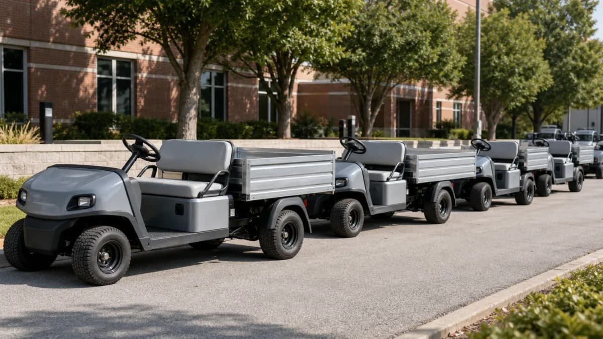 Fleet of gray two-seat utility carts with aluminum cargo beds parked outside a medical campus