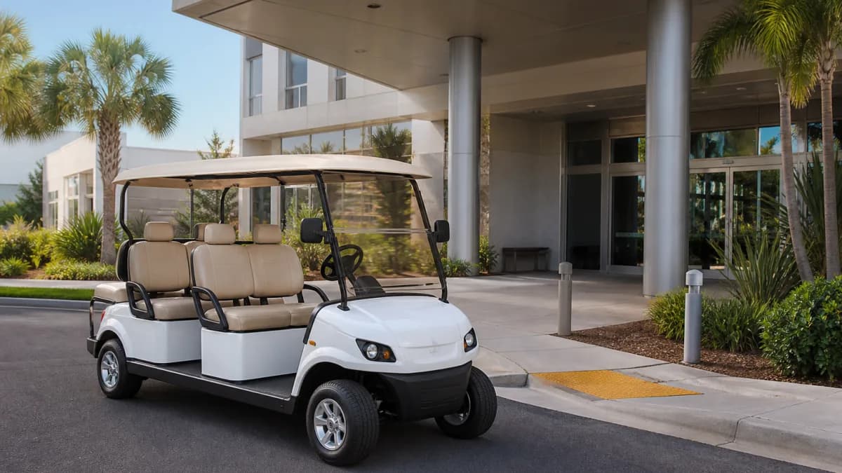Four-passenger electric golf cart approaching an accessible entrance at a veterans medical campus