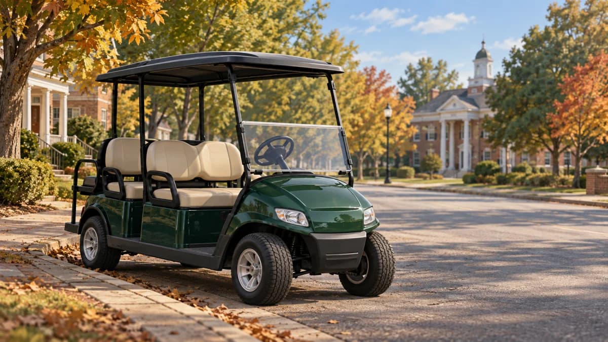 Green four-seat golf cart parked beside a curb on a small-town residential street with autumn trees