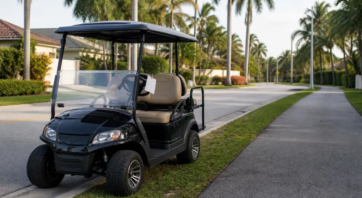Black four-seat golf cart with a blank citation slip parked beside a palm-lined Florida street