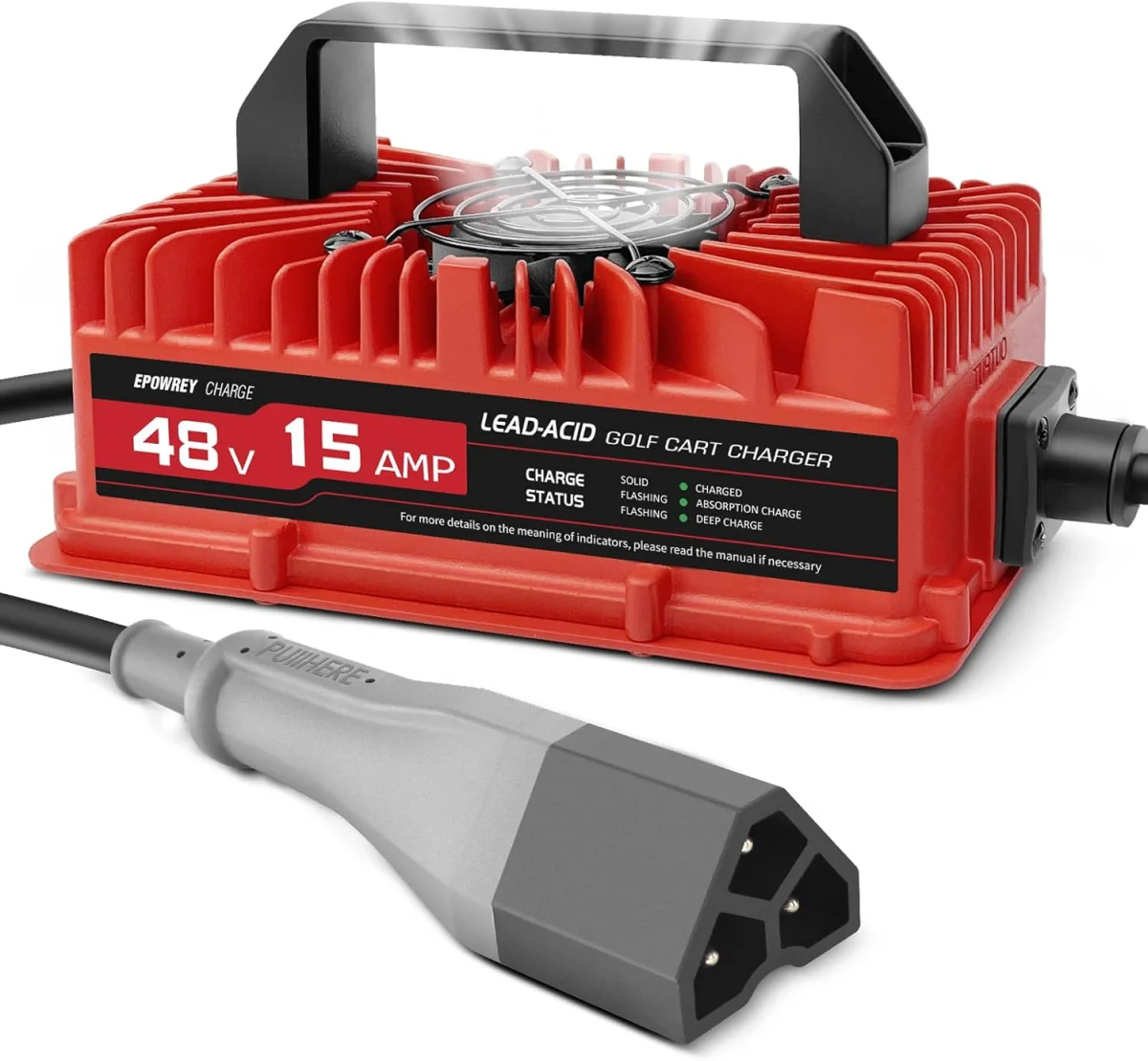 48V E-Z-GO golf cart charger with 3-pin triangle plug for compatible TXT and RXV carts