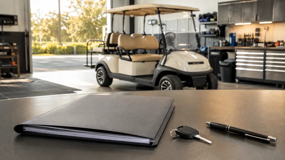 Purchase paperwork and keys in a golf cart service bay, illustrating Aetric buyer checks