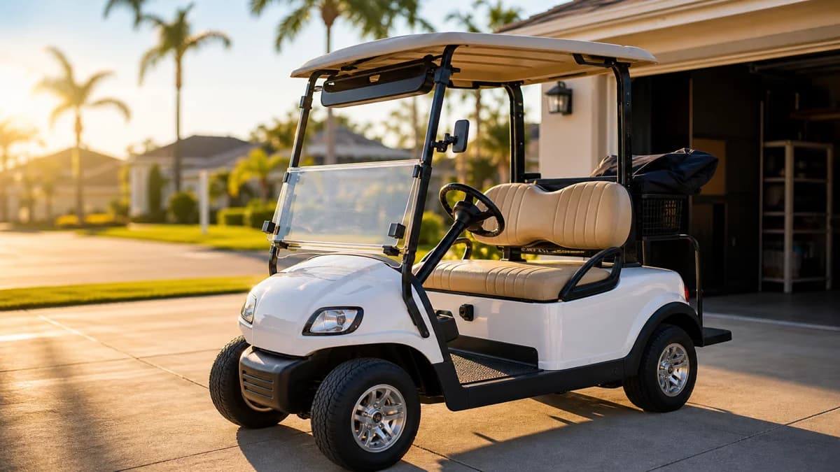 Club Car golf cart accessories including windshield, floor mat, mirror, phone mount and storage cover