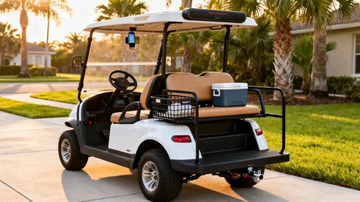 Denago golf cart accessories including rear steps, hitch cargo rack, phone holder and sound system