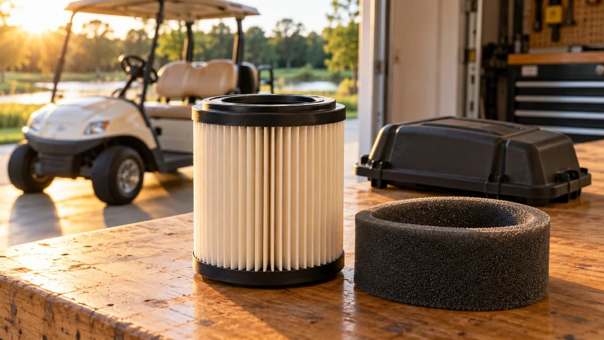 Pleated paper golf cart air filter beside a separate foam pre-filter sleeve and airbox cover on a garage workbench