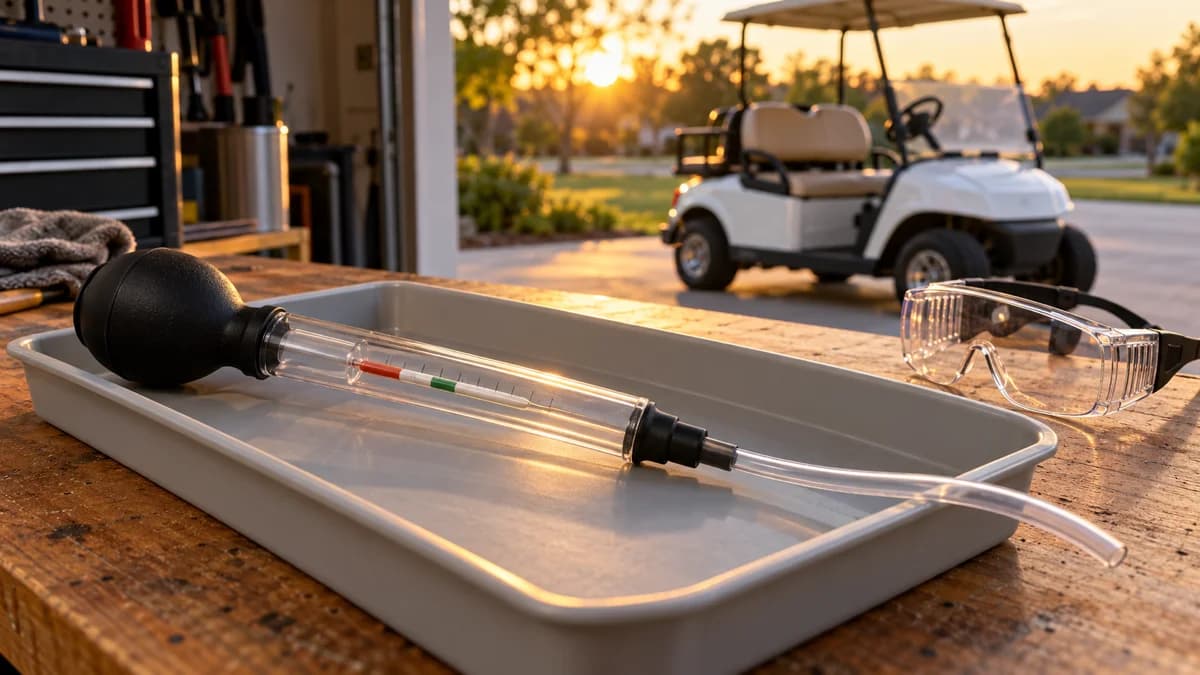 Golf cart battery hydrometer in a service tray beside protective eyewear and a parked white cart