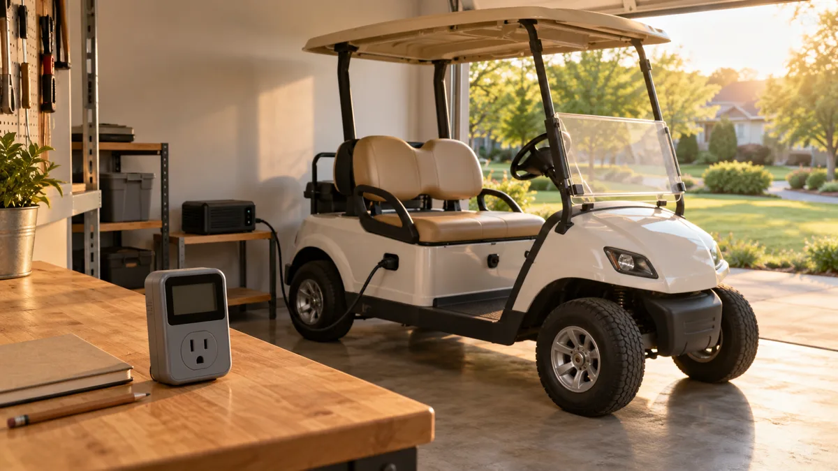 Golf cart charging cost illustration with an electricity meter beside a cream cart and charger in a sunlit garage