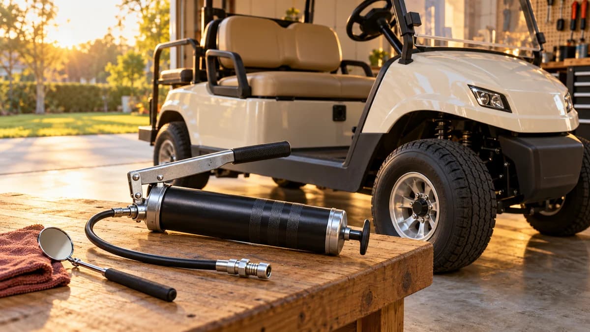 Grease gun and inspection mirror beside a stationary cream golf cart in a garage