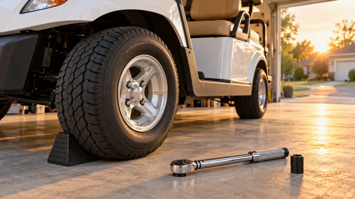 Golf cart wheel with four lug nuts, a torque wrench and a wheel chock in a garage
